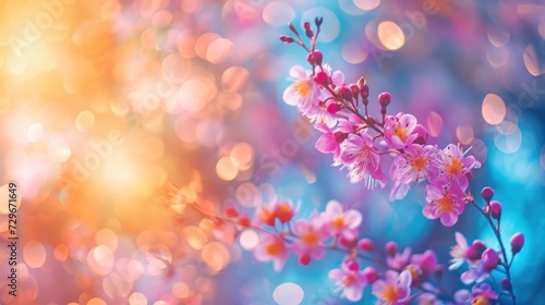  a close up of a pink flower on a branch with blurry lights in the background and a blurry boke of blue  yellow  pink  orange  yellow and pink flowers.