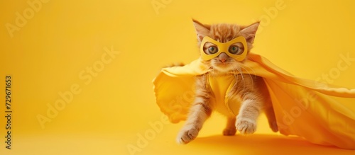 Stylist a cute cat superhero orange color tabby kitty on yellow background