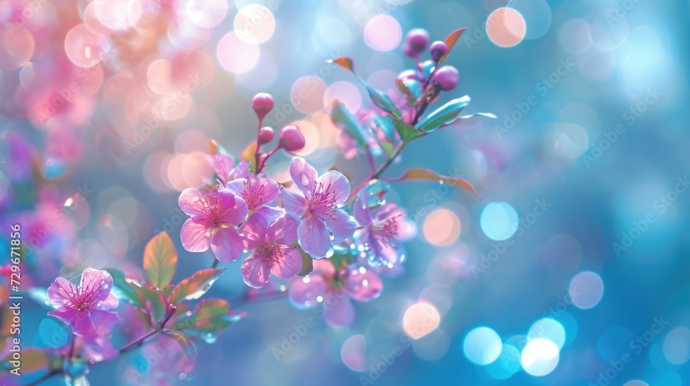  a close up of a pink flower on a branch with blurry boke of light in the background and a blurry boke of blue sky in the background.