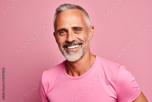 Studio portrait of a smiling mature man in pink t-shirt. © Asier