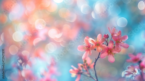  a close up of a pink flower on a branch with blurry boke of light in the background and a blurry background of blue and pink flowers in the foreground.