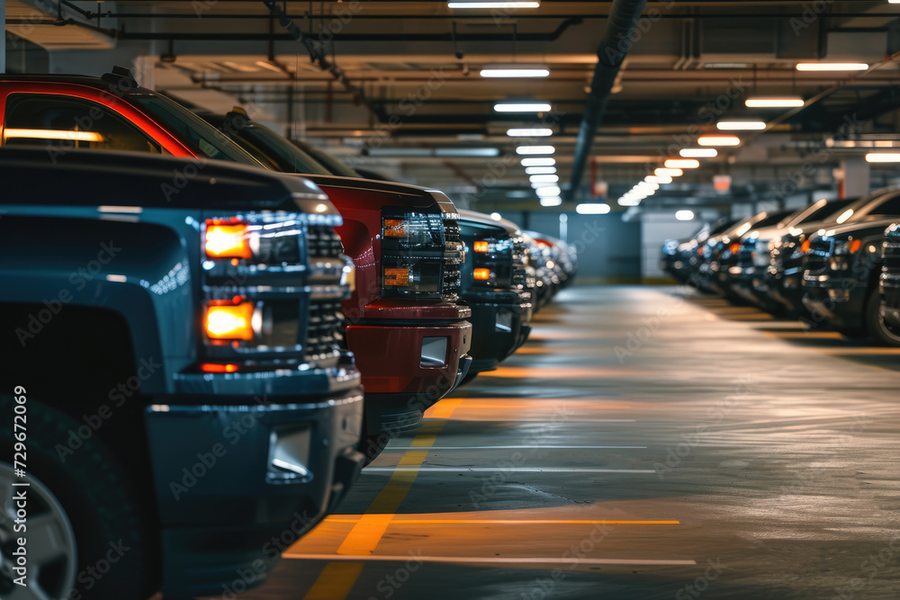 A bustling parking garage, filled with rows of cars and trucks, their shiny exteriors reflecting the bright lights above as their tires rest on the cool ground below A bustling parking garage, filled with rows of cars and trucks, their shiny exteriors reflecting the bright lights above as their tires rest on the cool ground below
