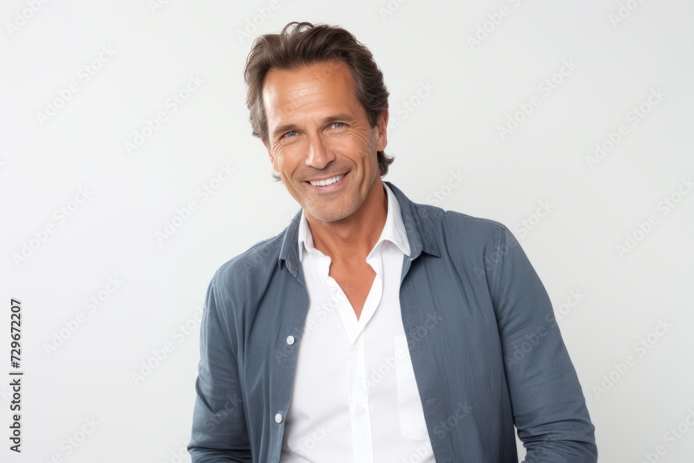 Portrait of handsome mature man smiling and looking at camera while standing against white background Portrait of handsome mature man smiling and looking at camera while standing against white background