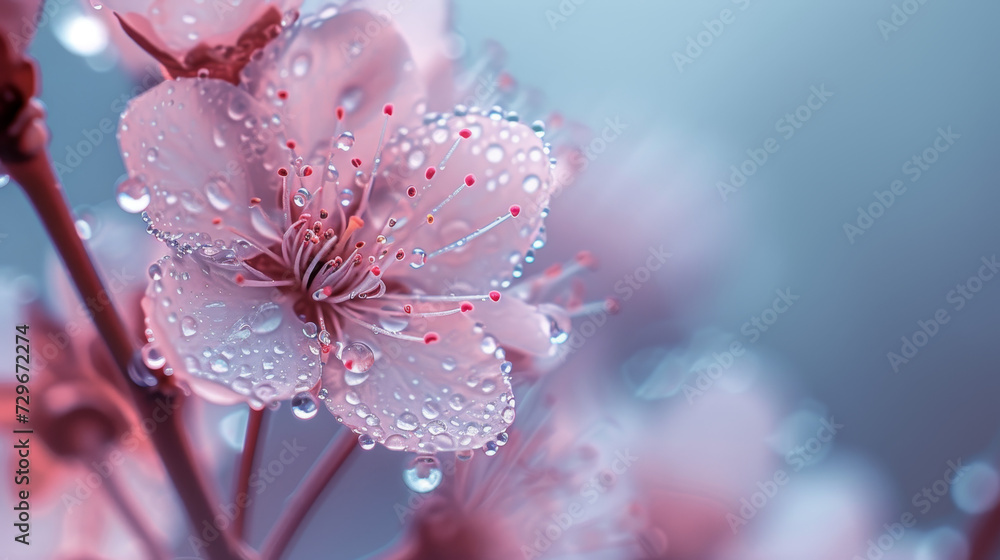Flower with dew, macro, closeup, cherry blossom Flower with dew, macro, closeup, cherry blossom