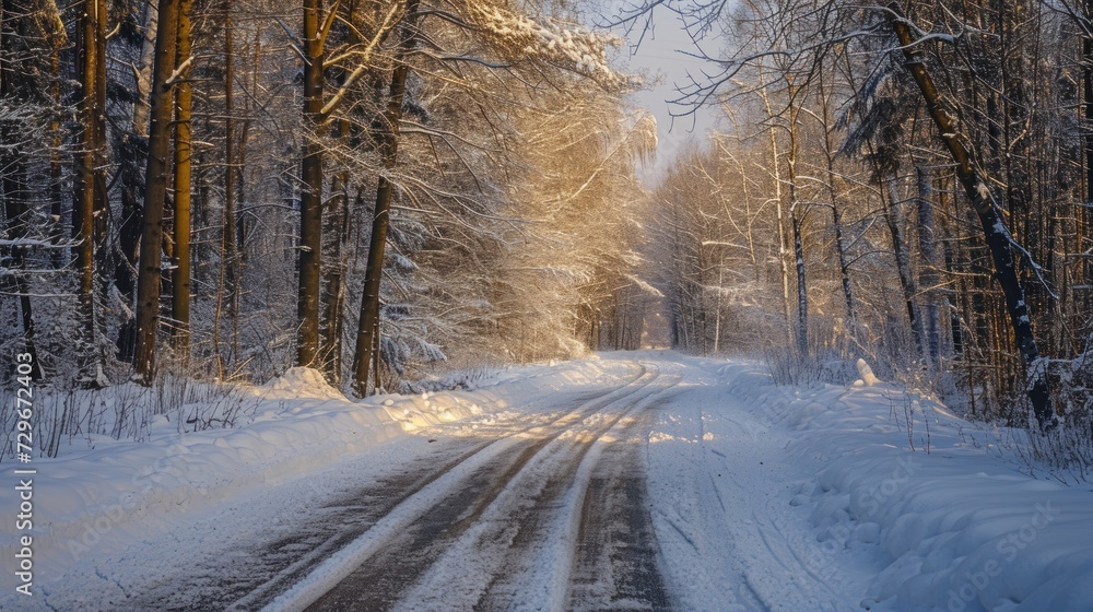 a snow covered road in the middle of a forest with lots of trees on both sides of the road and snow on the ground on both sides of the road. a snow covered road in the middle of a forest with lots of trees on both sides of the road and snow on the ground on both sides of the road.