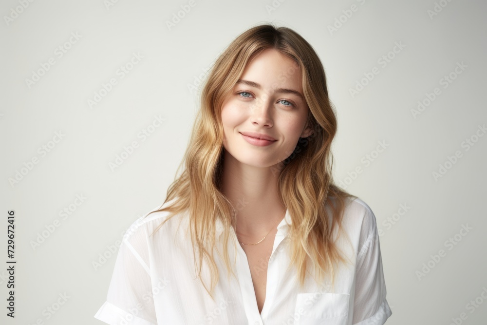 Portrait of beautiful young woman in white shirt. Studio shot. Portrait of beautiful young woman in white shirt. Studio shot.
