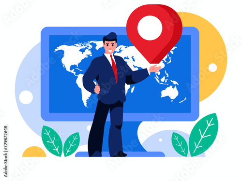 Businessman with big map pointer. World map on computer display. Background with monitor. Vector graphics