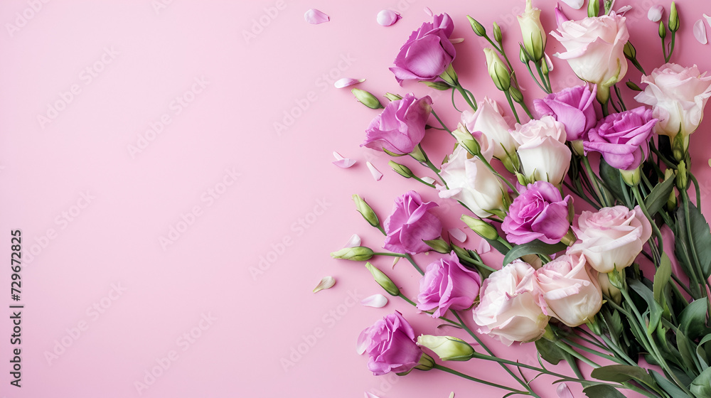 Obraz premium banner for March 8th lisianthus on a pink background with free space and place for text