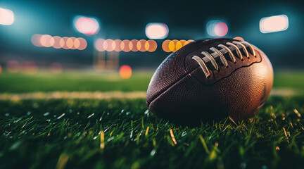 closeup of an American football ball on the grass of a stadium at night about to start a game