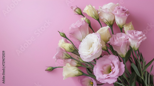 banner for March 8th lisianthus on a pink background with free space and place for text