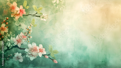 banner or card for March 8, cherry flowers on a branch on a blue background with free space and place for text