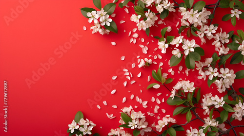 card or banner for March 8 or Valentine's day white cherry flowers on a red background with free space and place for text