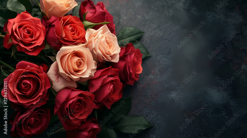 banner or card for March 8, roses close-up with free space and place for text on a dark background banner or card for March 8, roses close-up with free space and place for text on a dark background