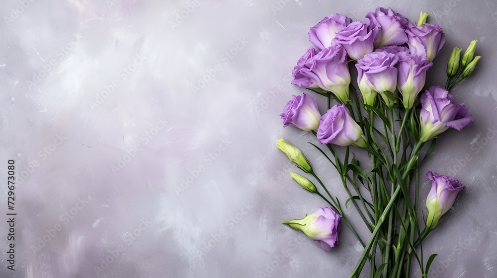 Obraz premium banner or card for March 8th purple lisianthus closeup with free space and place for text on gray background