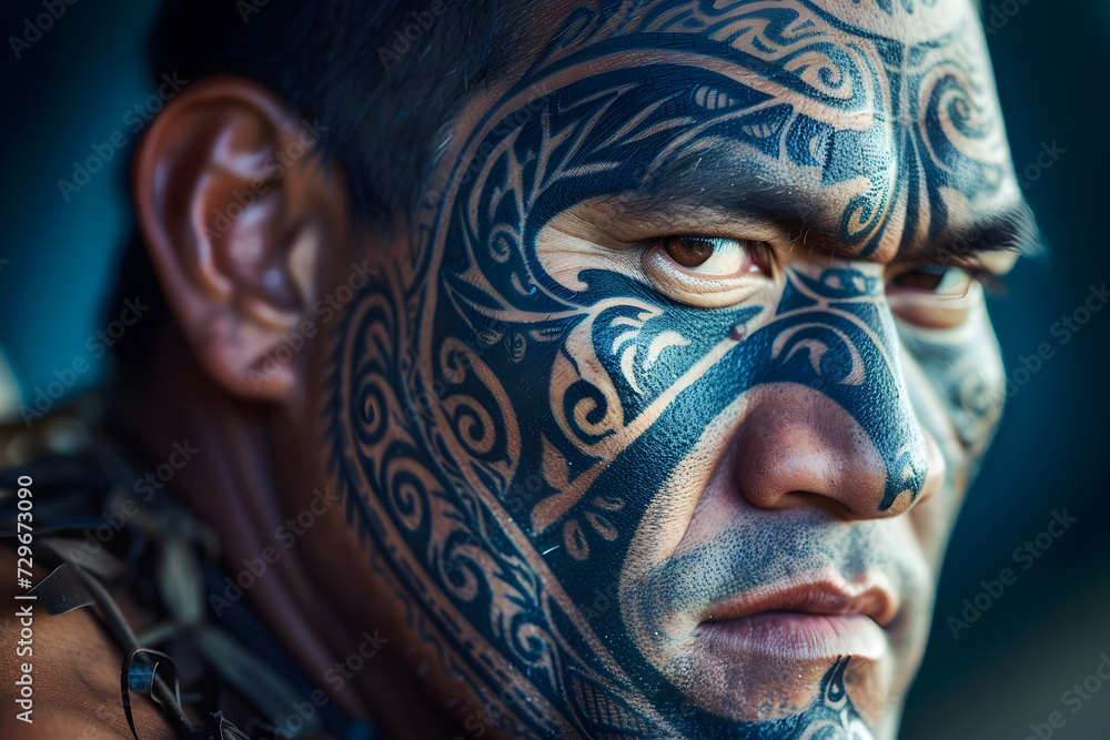 An intense close-up of a Maori warrior with intricate facial tattoos