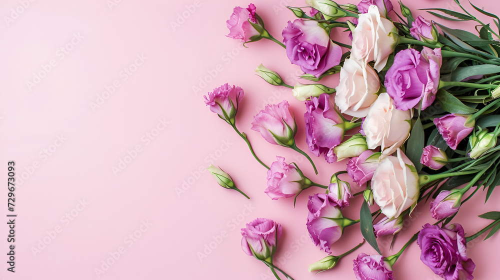 banner for March 8th lisianthus on a pink background with free space and place for text
