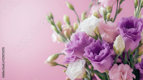 banner or card for March 8 pink lisianthus closeup with free space and place for text on gray background