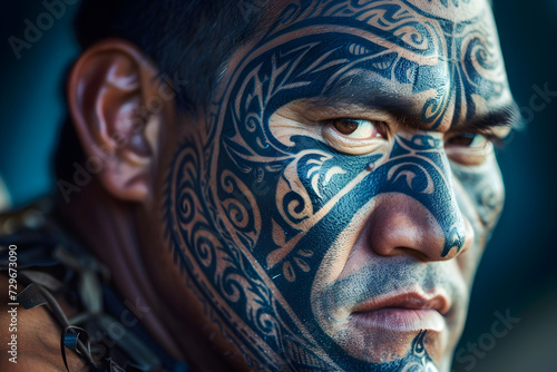 An intense close-up of a Maori warrior with intricate facial tattoos