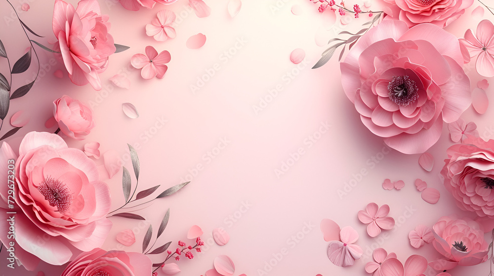 banner or card for March 8th frame of pink flowers close-up with free space and place for text on a pink background