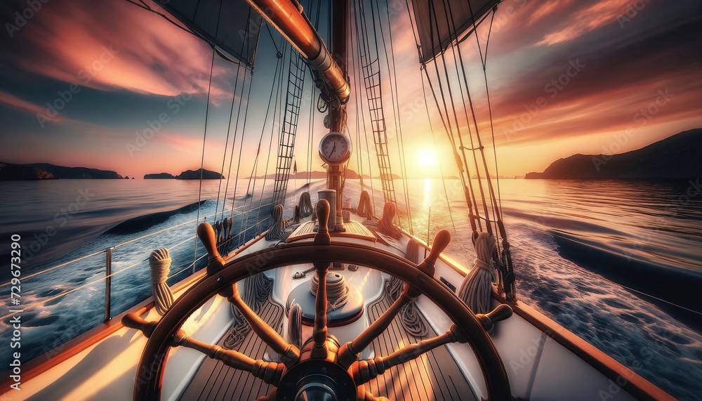 steering wheel of a sailing ship  - obrazy, fototapety, plakaty 