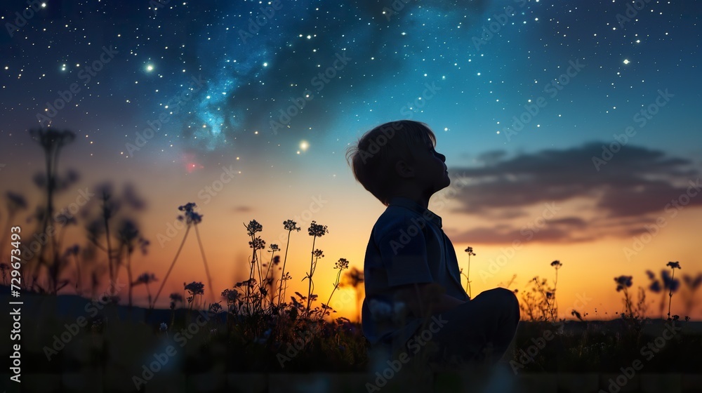Child observes the stars and constellations in the night sky, beautiful and aspirational. natural background.