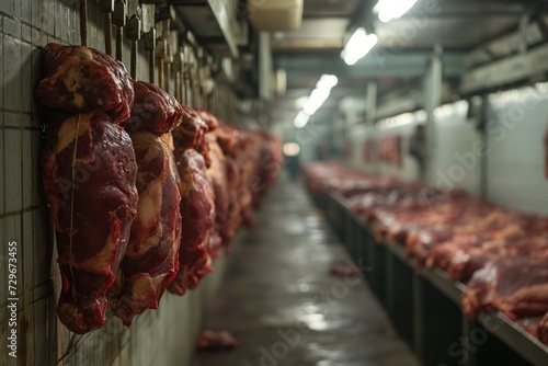 Beef and cattle, in a dirty slaughterhouse with few hygienic conditions. photo