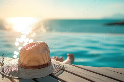 A hat adorns a rustic wooden table, captivating the serene ambiance as it rests near the tranquil body of water.
