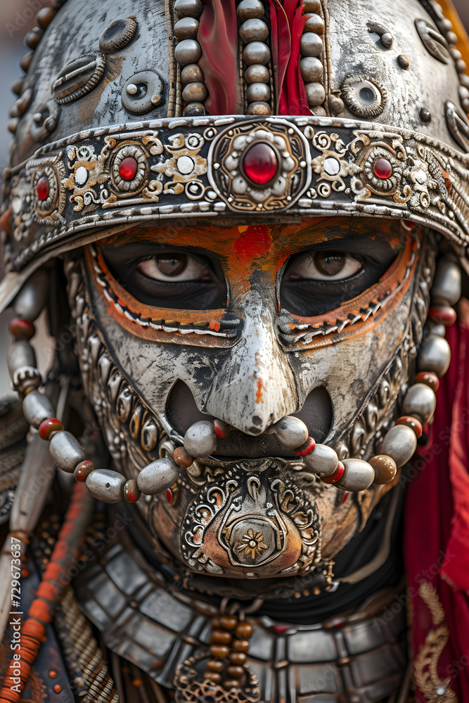 An intense close-up of a Rajput warrior in traditional armor