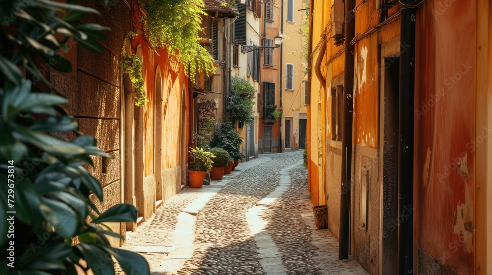 Fototapeta premium a narrow cobblestone street with potted plants on either side of the street and a yellow building on the other side of the street with a green planter.