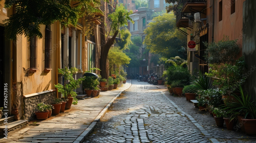  a cobblestone street with potted plants on either side of it and a cobblestone walkway between the two buildings on the other side of the street.