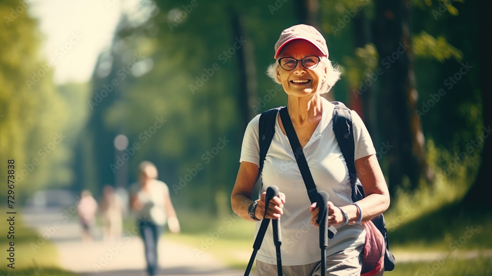 A woman of retirement age is engaged in Nordic walking in the park in summer.