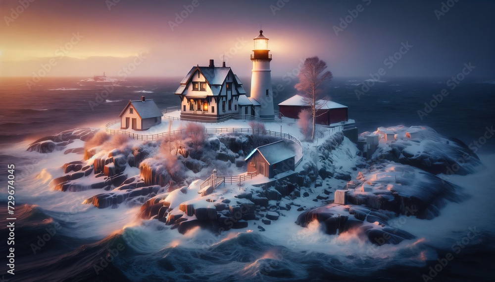 lighthouse on a small island in icy weather