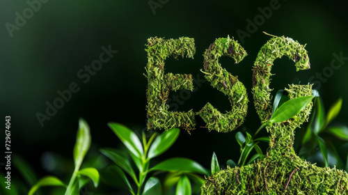 ESG aus Moos. G als Menschenkopf.  ESG stehend für Environmental, Social and Governance- Regelwerk zur Bewertung für nachhaltige, ethische Praxis in Unternehmen.