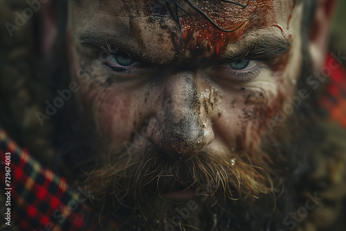 A close-up image of a Scottish Highlander in traditional tartan photo