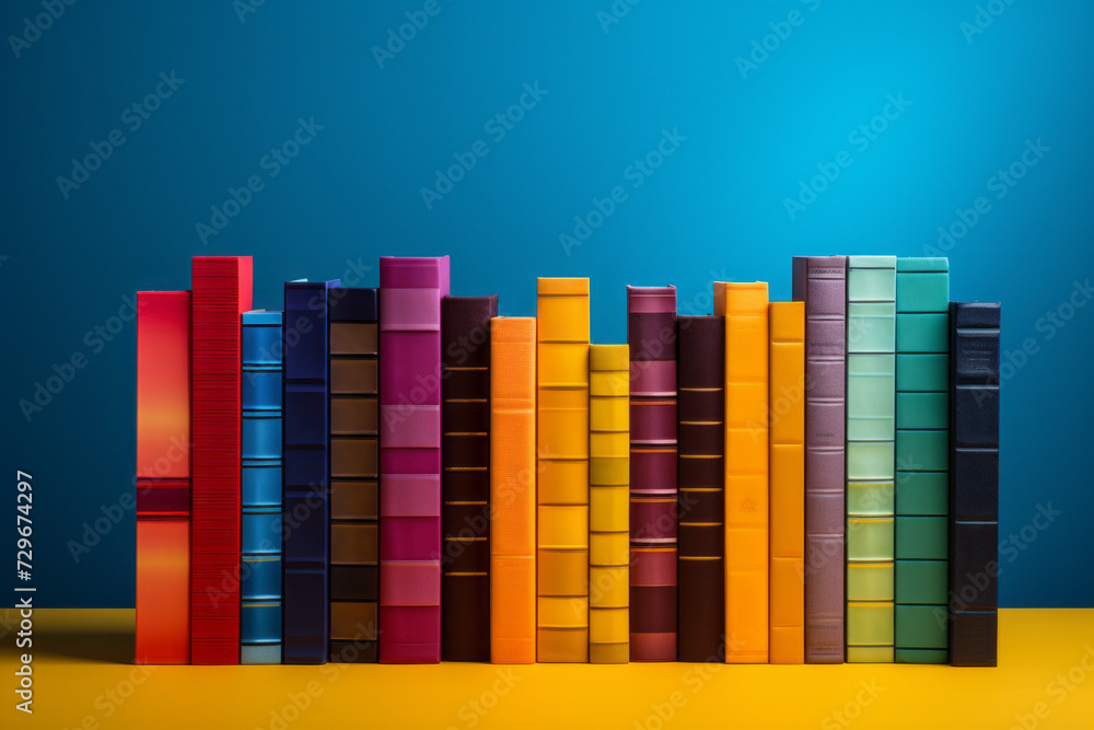 Naklejka premium Beautiful colorful books with hard covers and beautiful illustrations. Concept of reading, library, education, poetry, novel. For book lovers.