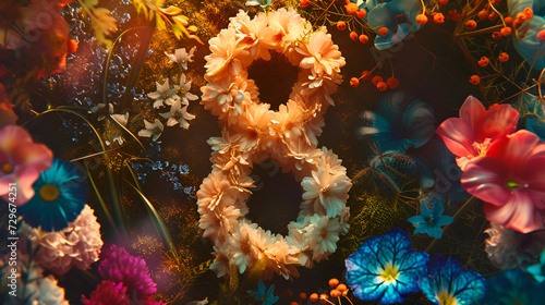 banner for March 8  number eight made of flowers on a dark background with space for text