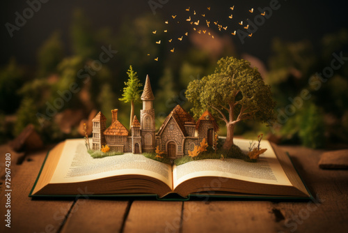 An old book from which emerges a mysterious, magical story, a fairy tale. The concept of classics, epic fantasy and old fairy tales.