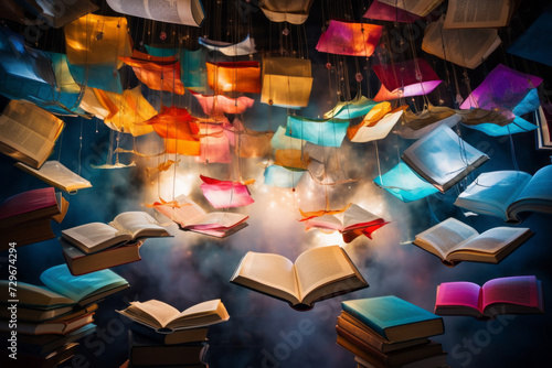Colorful open books fly in the misty sky. Adventurous, surreal, magical and fantasy. Epic fantasy concept. photo