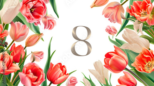 cover for the website for the eighth of March number 8 in a frame of tulips on a white background with free space and place for text #729674470