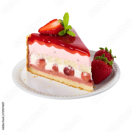 Cake Slice with Cream and Cheesecake with Fresh Strawberries, Isolated on Transparent Background, PNG