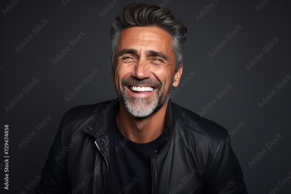 Portrait of a handsome middle-aged man laughing and looking at the camera while standing against grey background Portrait of a handsome middle-aged man laughing and looking at the camera while standing against grey background