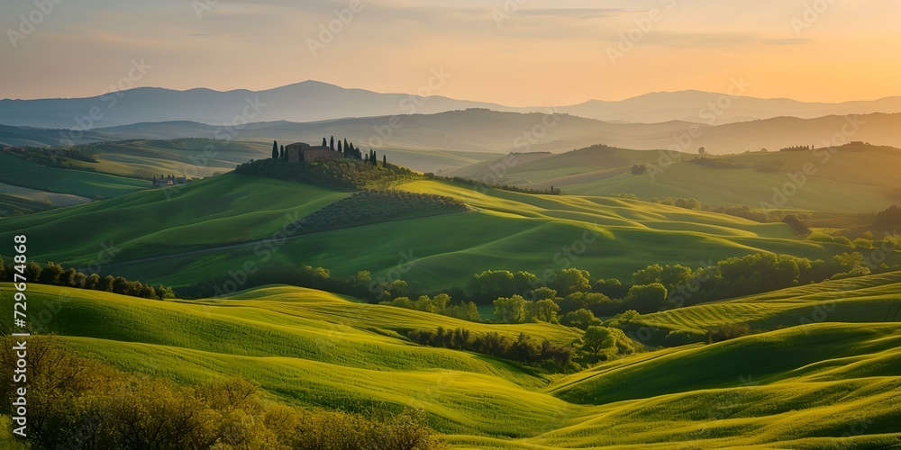 Tranquil dawn over rolling hills, lush landscape bathed in golden light, perfect for serene backgrounds or nature themes. AI