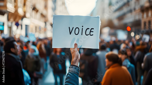 Hand holding up a sign with the word "VOICE" at a protest. © SuperGlück