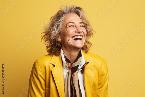 Portrait of happy mature woman laughing and looking up over yellow background © Asier