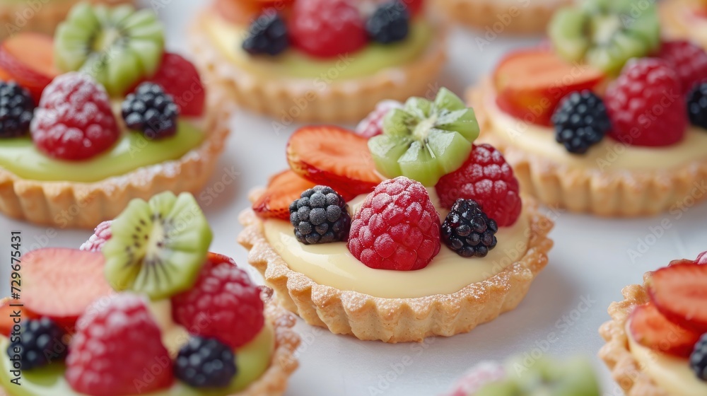 a close up of a bunch of fruit tarts on a white table with berries, kiwis, and kiwis on top of the tarts. a close up of a bunch of fruit tarts on a white table with berries, kiwis, and kiwis on top of the tarts.