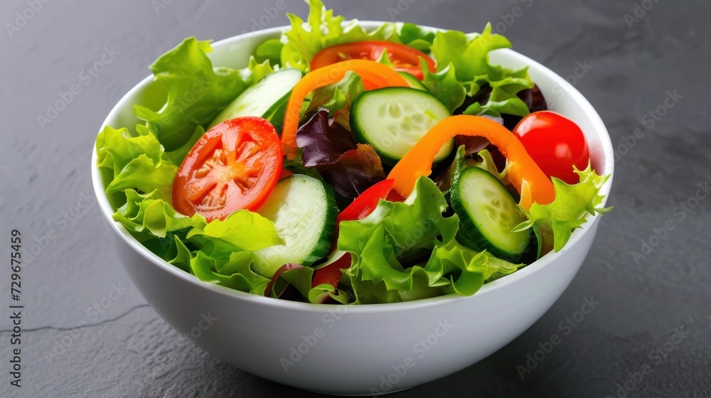 a white bowl filled with lettuce, tomatoes, cucumbers, and other veggies on top of a gray counter top of a gray surface. a white bowl filled with lettuce, tomatoes, cucumbers, and other veggies on top of a gray counter top of a gray surface.