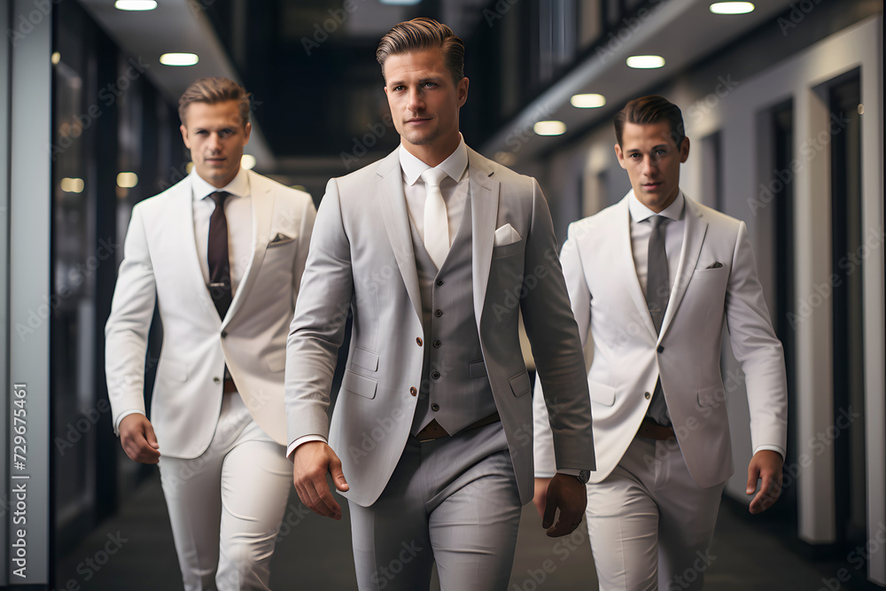 successful group of business partners walking along a large corridor of an office building. business corporation leaders. successful group of business partners walking along a large corridor of an office building. business corporation leaders.