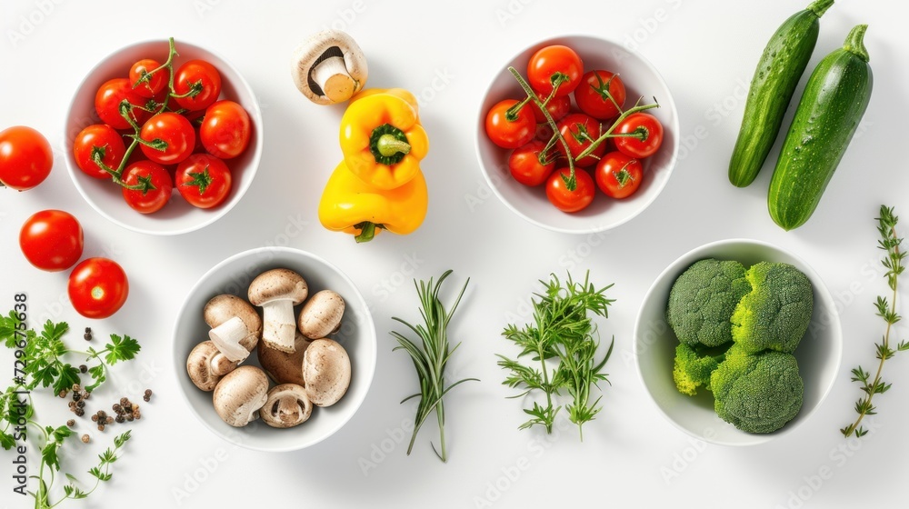 a white table topped with bowls filled with different types of veggies next to cucumbers, tomatoes, mushrooms, and broccoli on top of green. a white table topped with bowls filled with different types of veggies next to cucumbers, tomatoes, mushrooms, and broccoli on top of green.