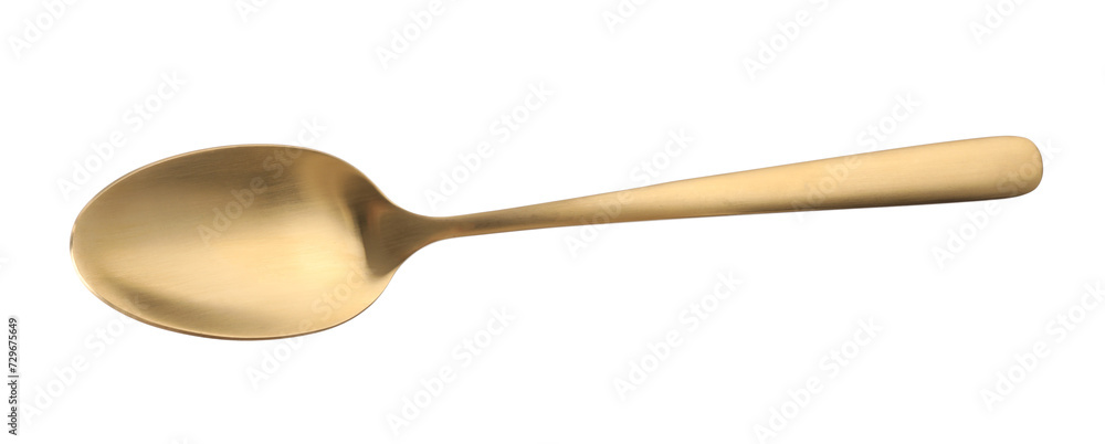 One shiny golden spoon isolated on white, top view One shiny golden spoon isolated on white, top view