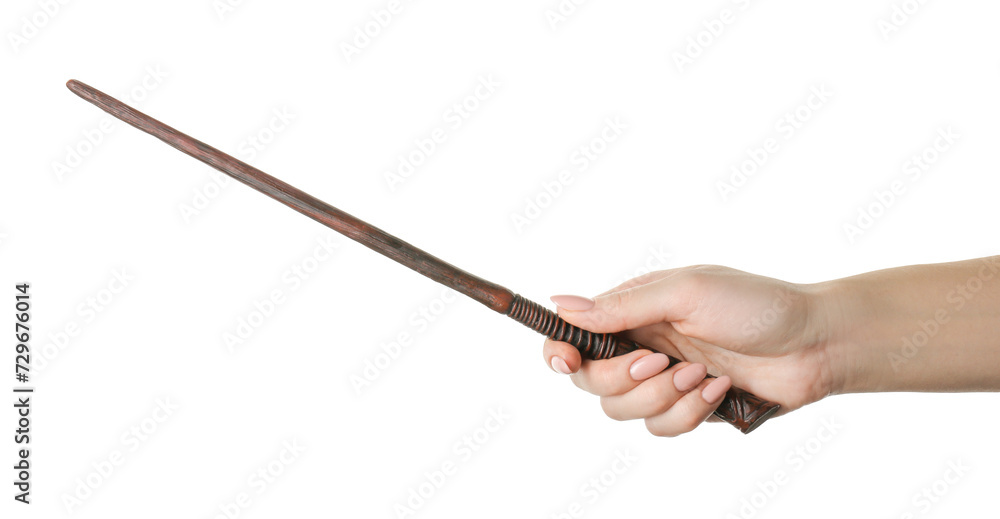 Fototapeta premium Woman holding magic wand on white background, closeup